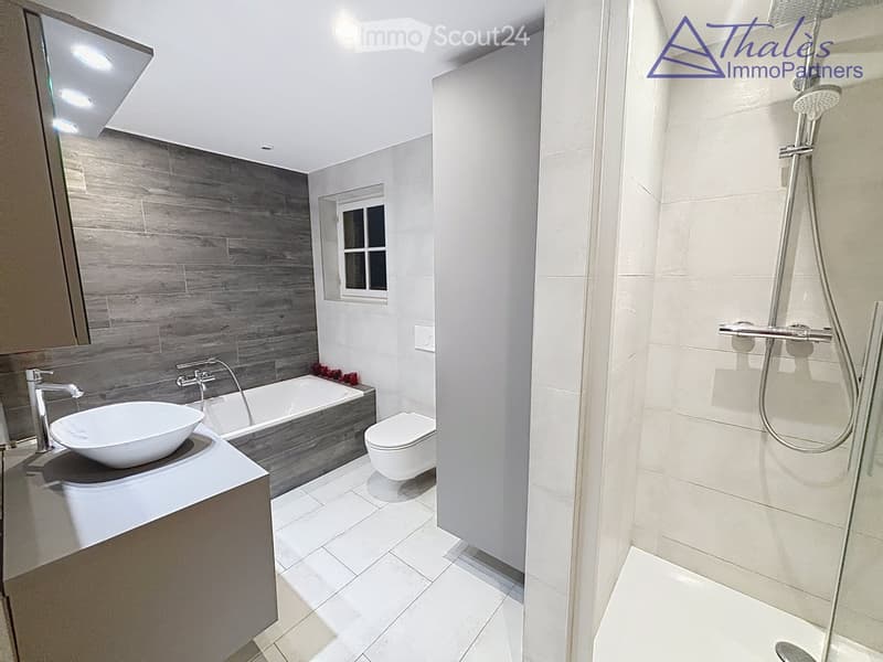 Modern bathroom with a white sink, bathtub, toilet, and shower. Features grey tiled walls and a large mirror.