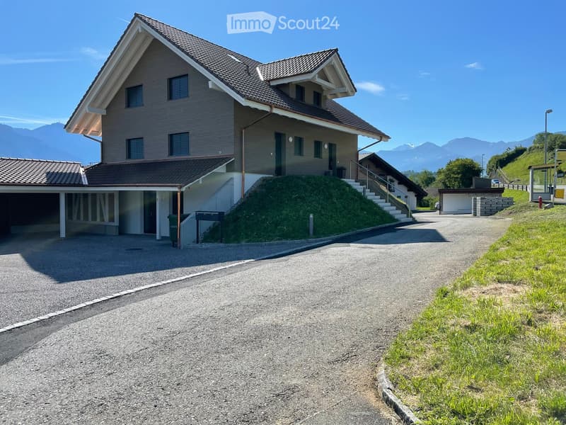 Two-story house with a sloped roof, garage, and steps leading to the entrance, surrounded by a grassy slope and a clear driveway.