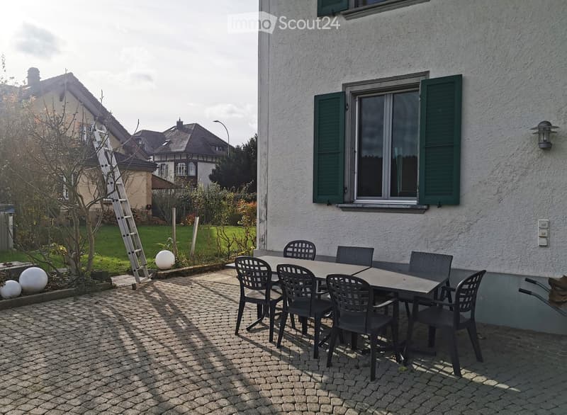 Outdoor patio area with a table and chairs, surrounded by a garden with spherical ornaments and a ladder leaning against a tree.