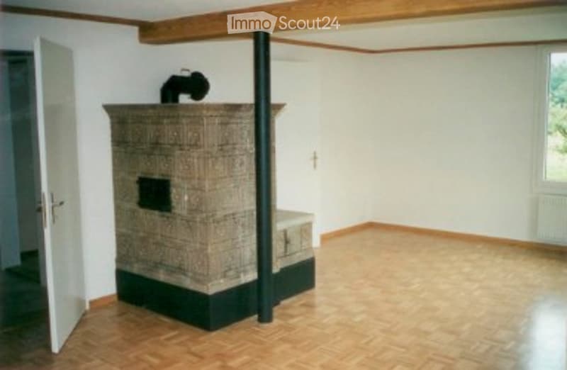 Empty room with wooden flooring, white walls, and a large stone fireplace with a chimney. No furniture or equipment present.