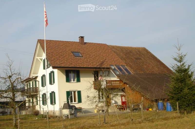 Two-story house with a red-tiled roof, white walls, green shutters, and a balcony on the upper floor. A flagpole with a flag is visible in front of the house.