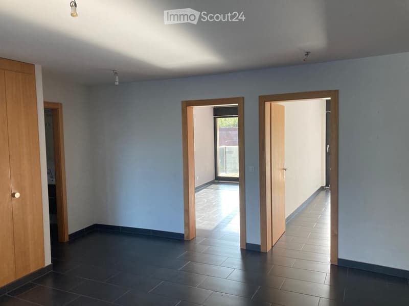 Empty room with dark tiled floor, light blue walls, and wooden doors leading to other spaces.