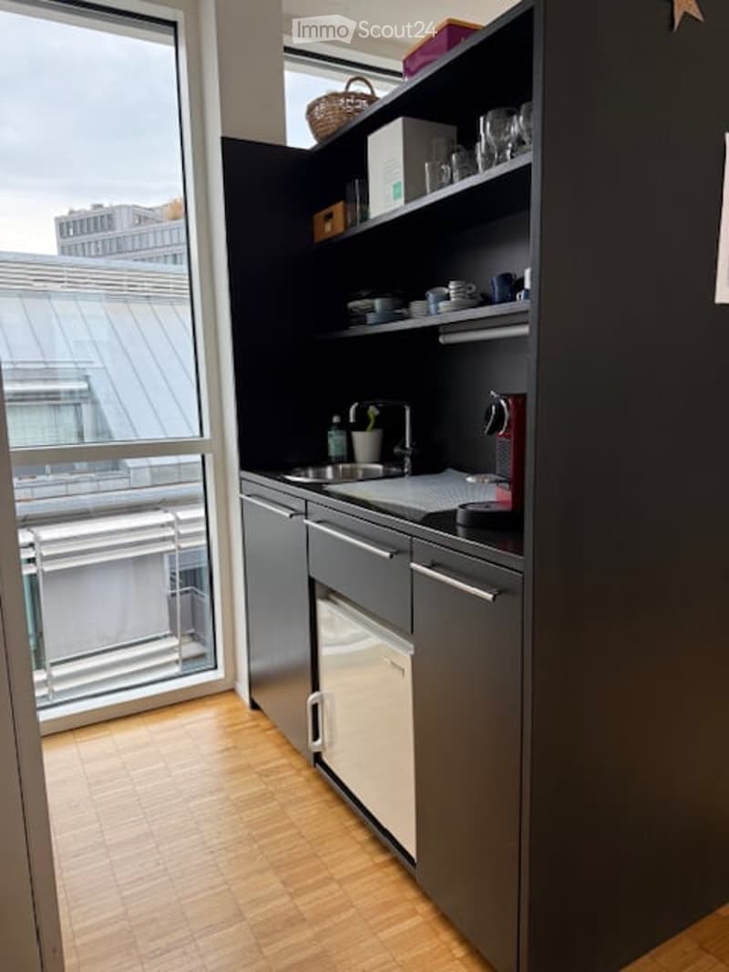 Modern kitchen with dark grey cabinets, a stainless steel sink, a dishwasher, and a small shelf with dishes and cups. The floor is light wood, and there is a large window with a view of a rooftop.