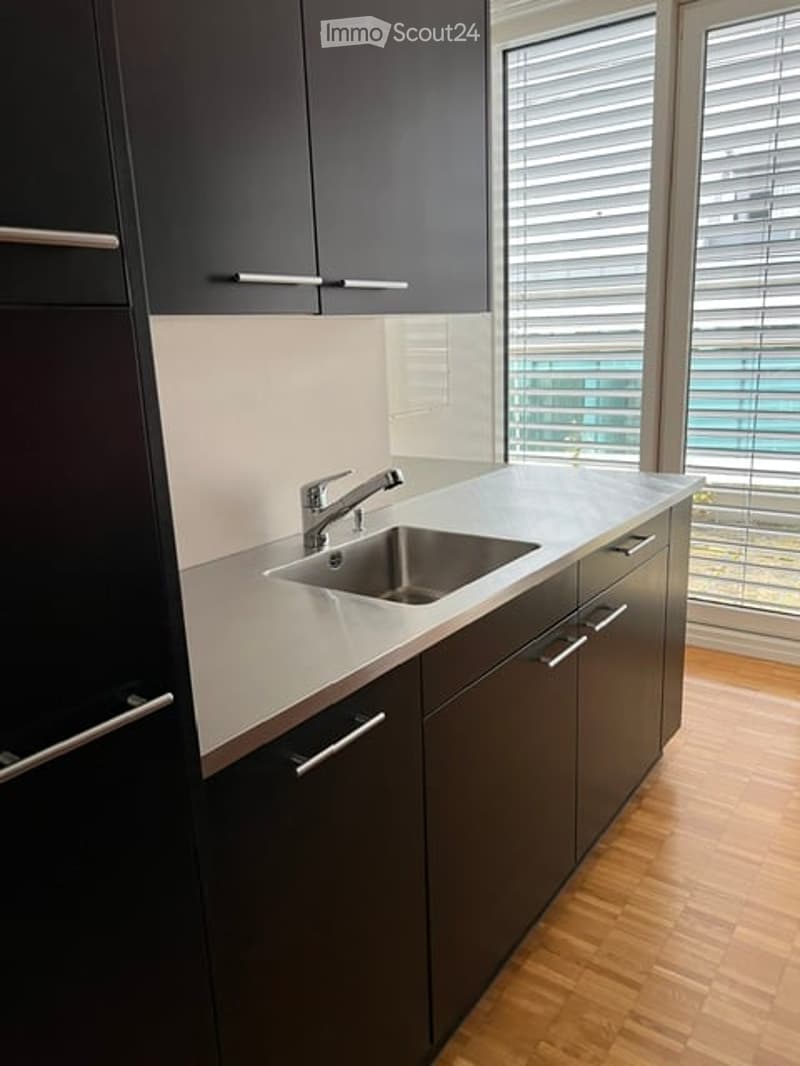 Modern kitchen with dark grey cabinets, stainless steel sink, and a view of the city through large windows.