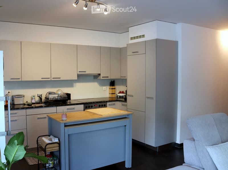 Modern kitchen with white cabinets, stainless steel appliances, and a central island with a wooden cutting board and a small plant. The space includes a sink, faucet, fridge, oven, and a small cart with items.