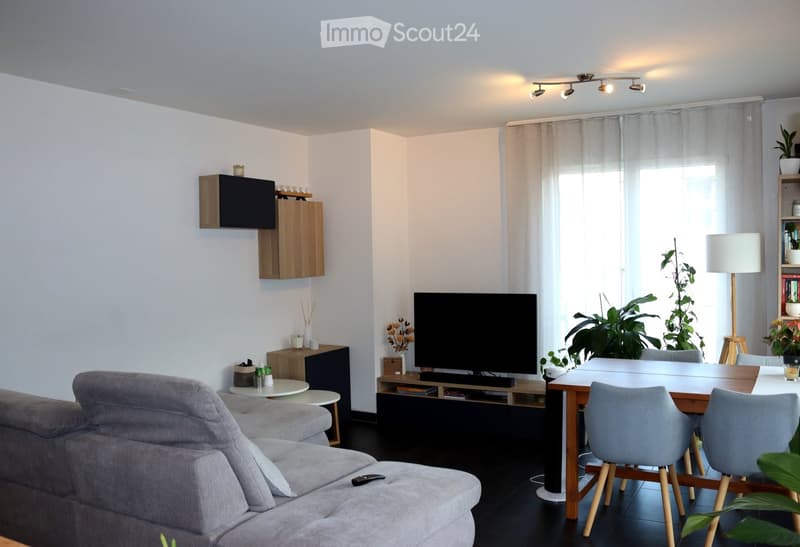 Modern living room with a grey sofa, ottoman, coffee table, TV, dining table with chairs, floor lamp, and shelves with decorative items and plants.