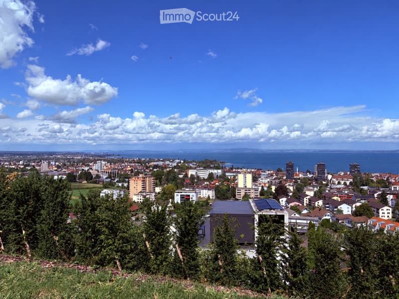 Panoramic view of a cityscape with residential and commercial buildings, surrounded by greenery and a body of water in the distance under a partly cloudy sky.