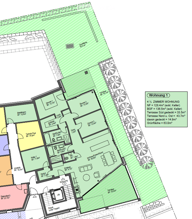 Floor plan of a 4-room apartment with living room, kitchen, 2 bedrooms, 2 bathrooms, and a terrace.