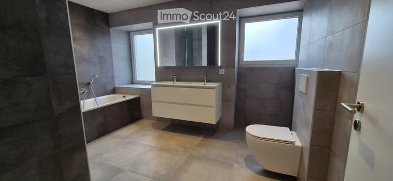 Modern bathroom with dark grey tiles, a white sink cabinet, a bathtub, a toilet, and a large illuminated mirror above the sink.