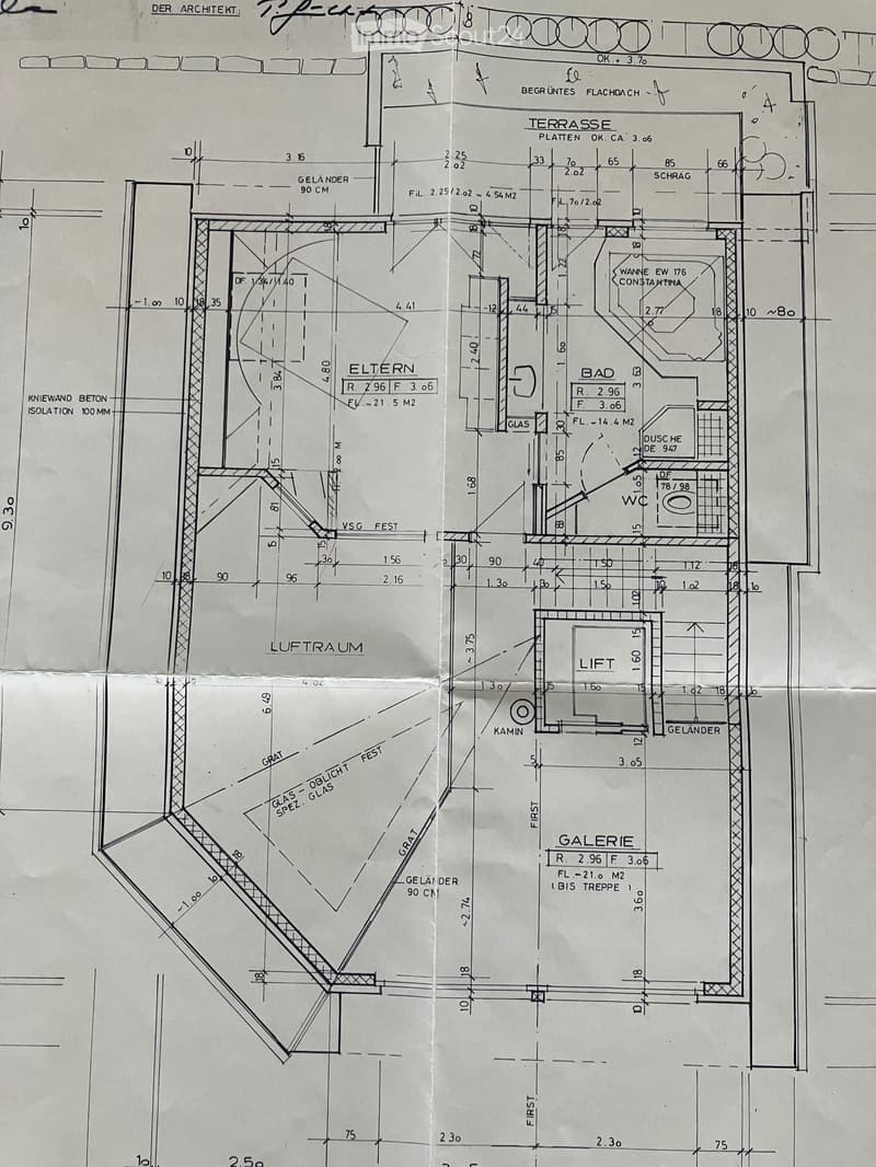 Architectural floor plan showing multiple rooms including a terrace, bathroom, living space, and gallery. Dimensions and labels are provided for each area.