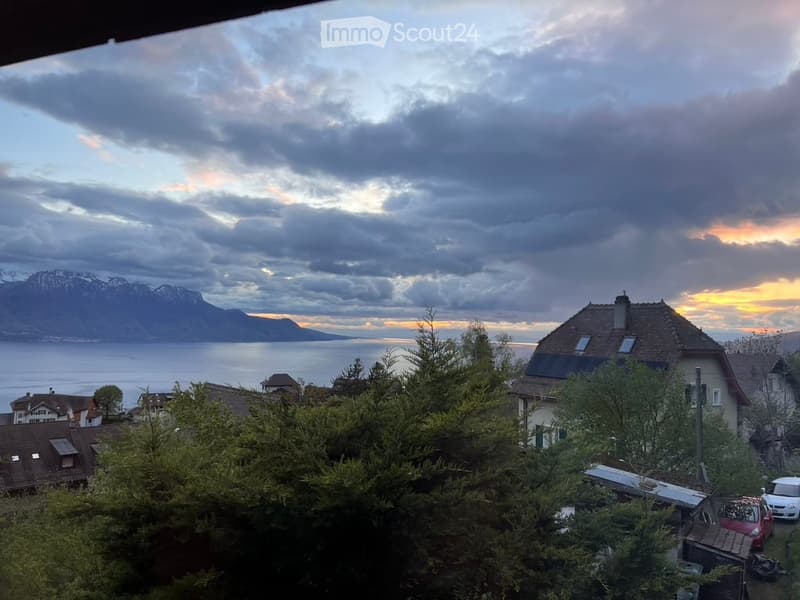 View from a balcony or terrace overlooking a scenic landscape with mountains, a lake, and houses in the distance under a dramatic sky.