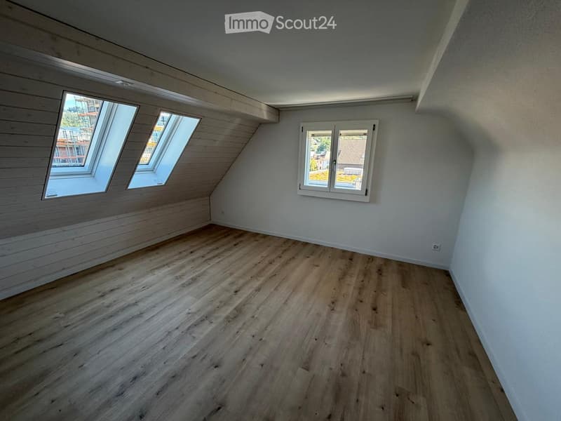 Empty attic room with wooden flooring, white walls, and multiple windows including skylights and a standard window, allowing natural light to fill the space.