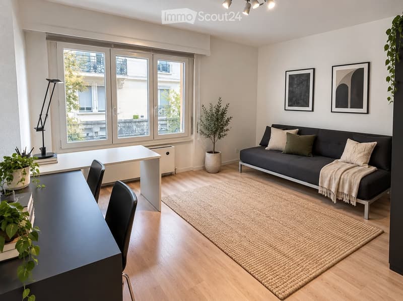 A modern, well-lit living room with a dark grey sofa, a white coffee table, a black desk, and a large window with a view of the city.