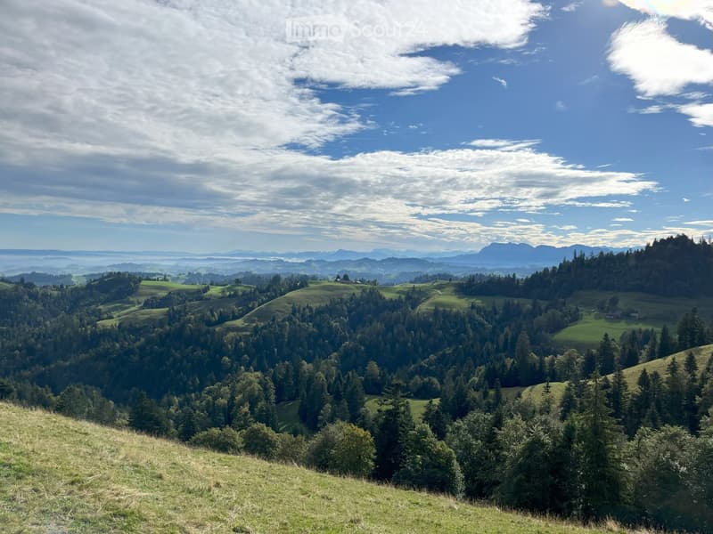 A panoramic view of a lush, green valley with rolling hills, dense forests, and scattered farmhouses under a partly cloudy sky.