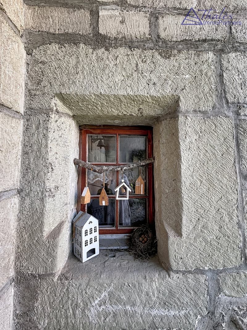 A small window with a wooden frame, showing a view of a room inside. The window sill has decorative miniature houses and a bird nest with eggs.