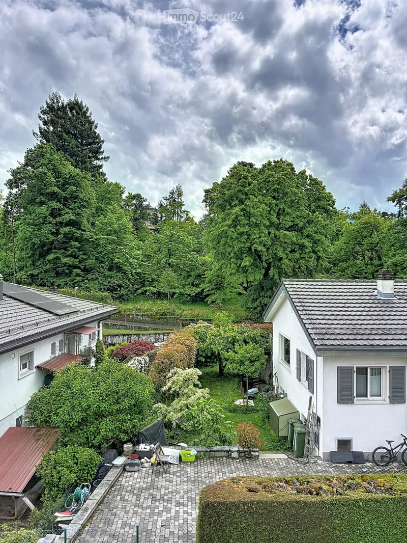 A well-maintained garden area with a paved patio, various greenery, and a small wooden deck. The scene includes a bicycle, garden tools, and a small shed.
