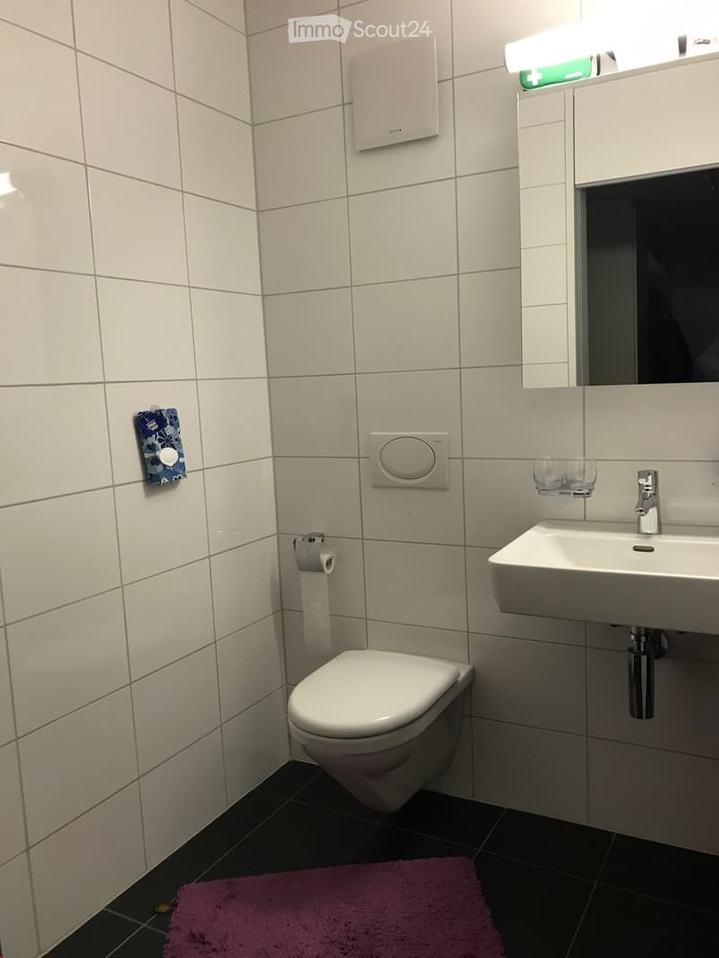 Modern bathroom with white tiled walls, a toilet, a sink with a mirror, a purple bath mat, and a towel hanging on the wall.