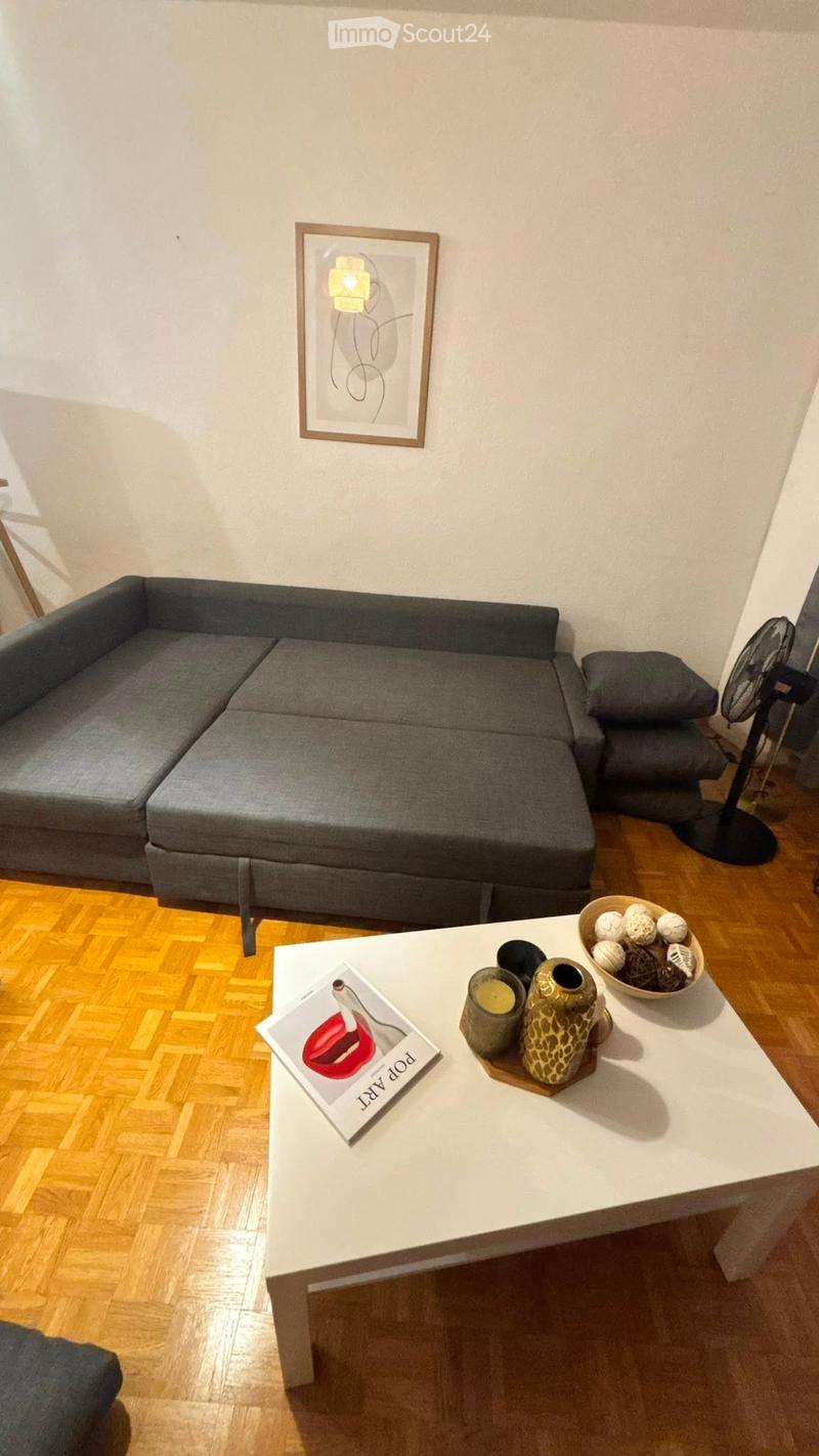 Living room with a grey sectional sofa, white coffee table, decorative items, and a fan in the corner.