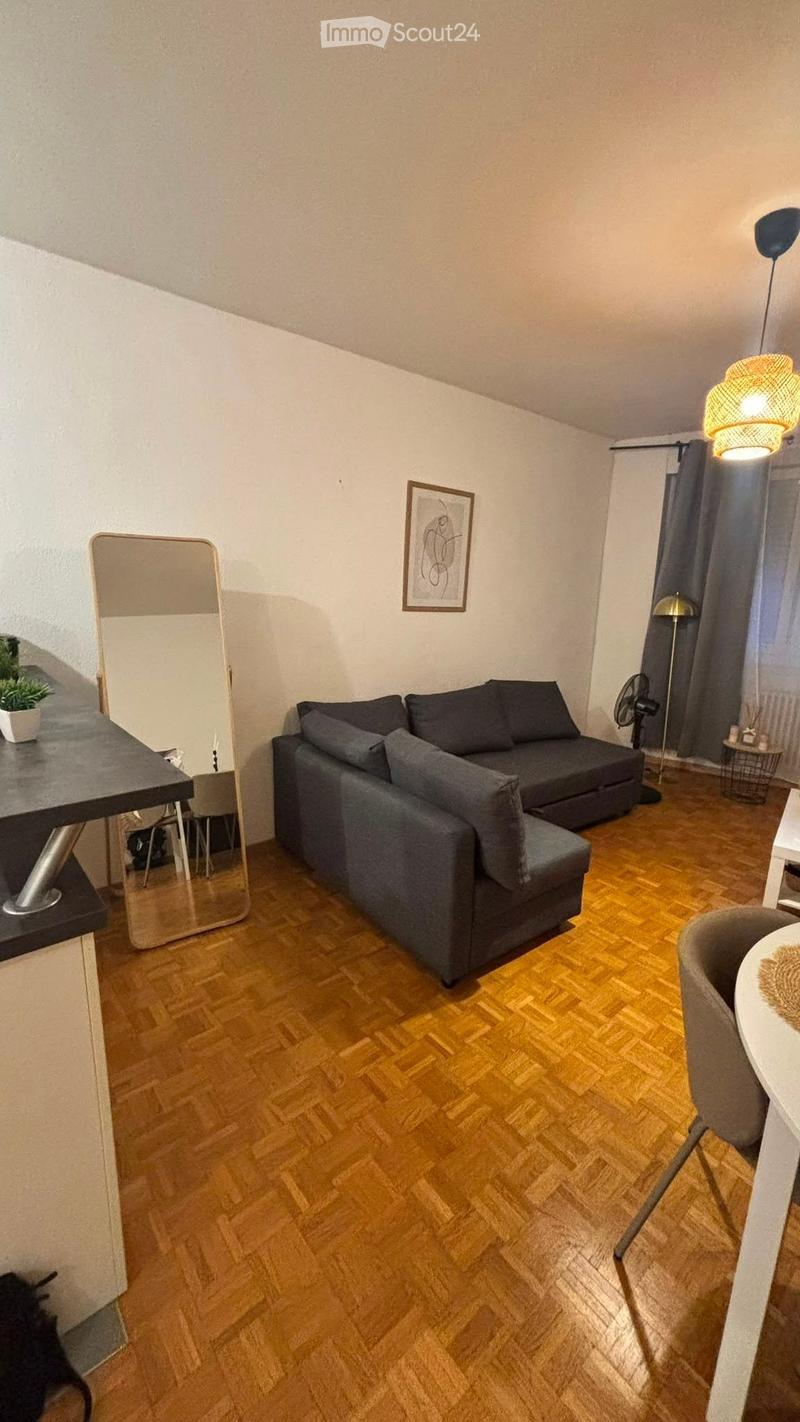 A modern living room with wooden flooring, a grey sofa, a small table, a mirror, a fan, and a lamp.