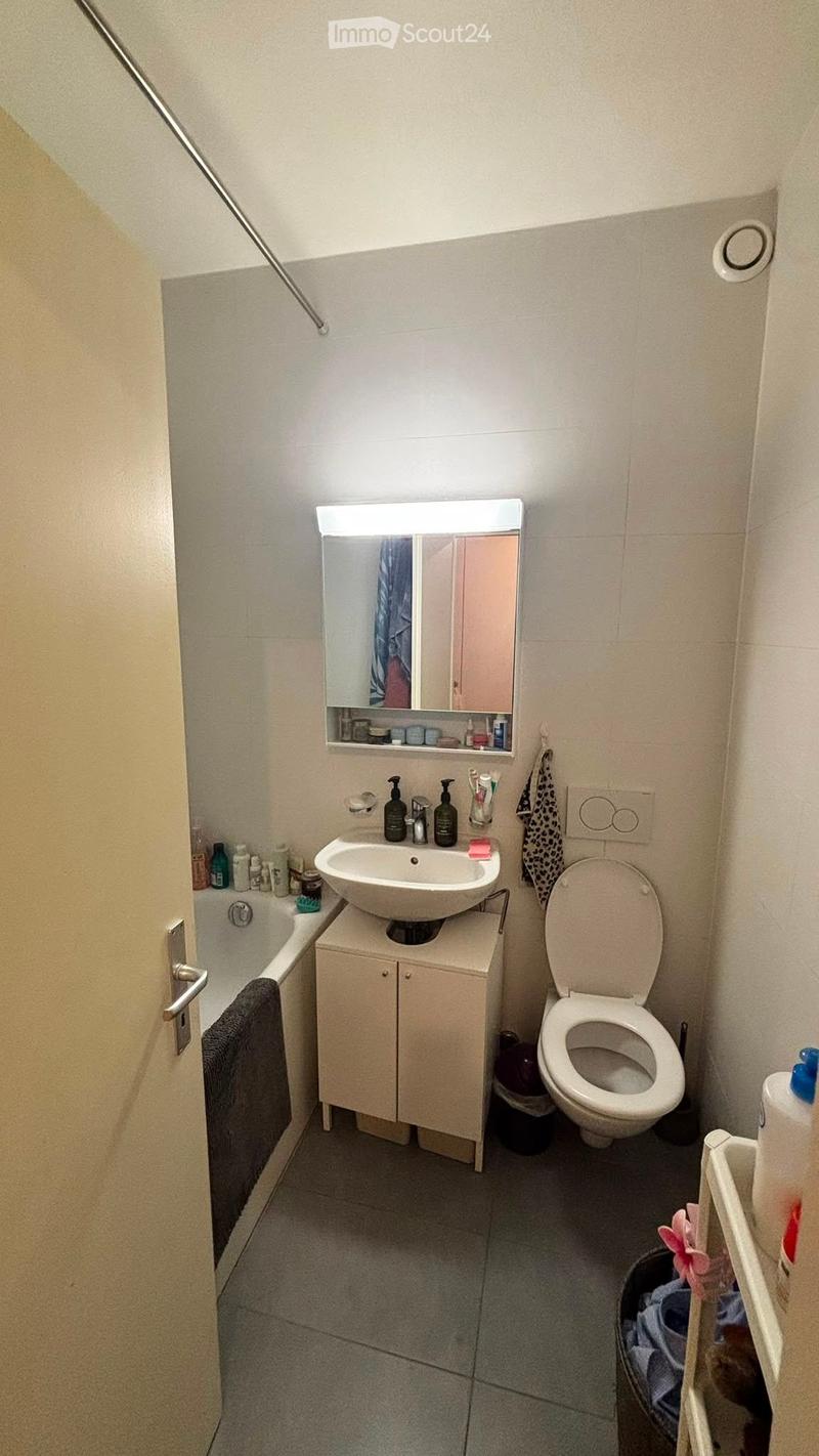 A compact bathroom with a sink, toilet, mirror, and a small cabinet. The sink has a faucet and soap dispenser, and a towel hangs on the wall. A bathtub is visible on the left side, and a trash bin is placed near the toilet.
