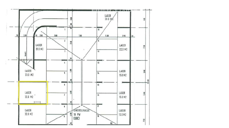 Floor plan showing multiple storage areas labeled "LAGER" with specified square meterages, and a designated "EINSTELLHALLE" area.