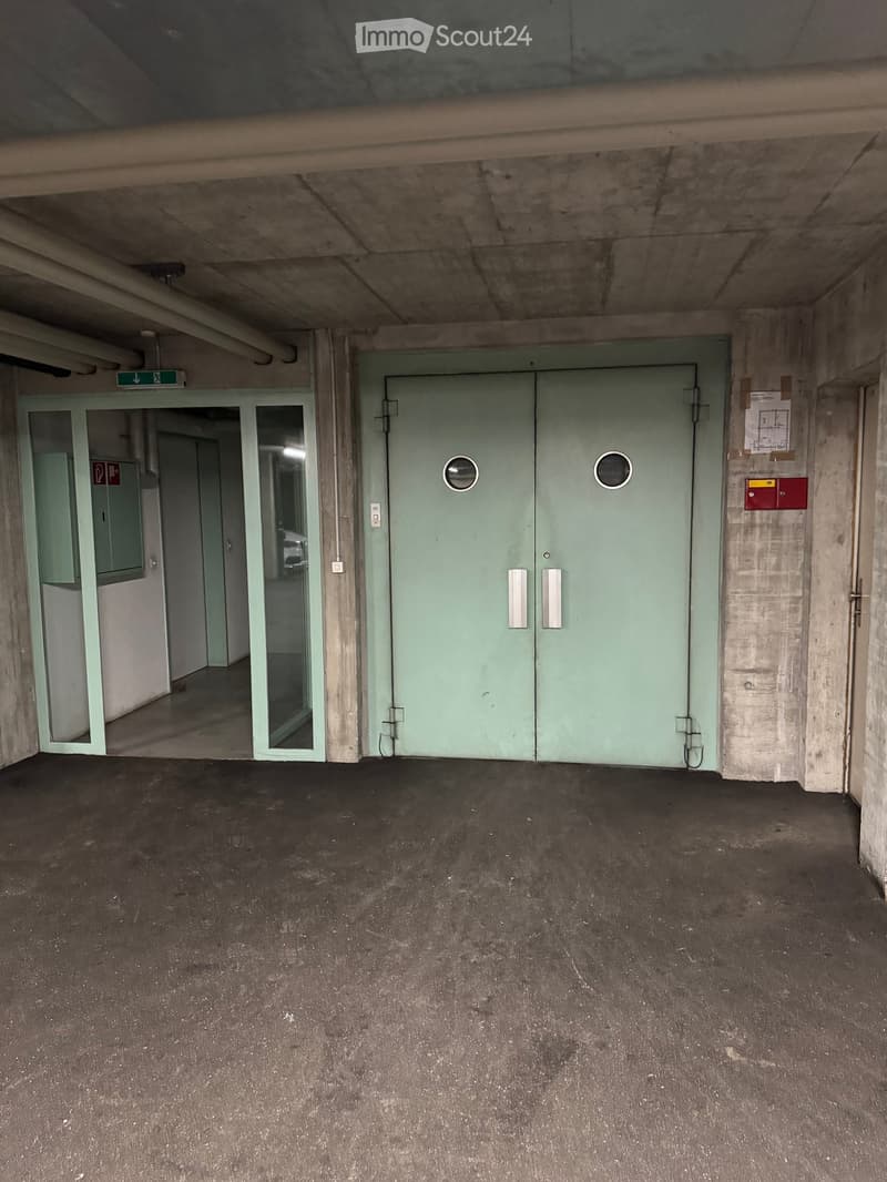 Empty underground parking area with concrete floors and walls, featuring two large green garage doors and a smaller access door with glass panels.