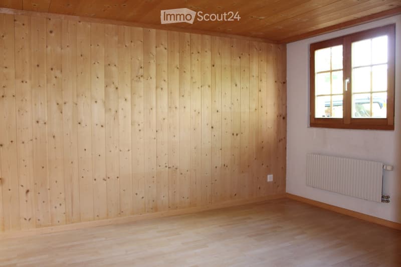 Empty room with wooden walls and floor, a single window, and a radiator on the wall.