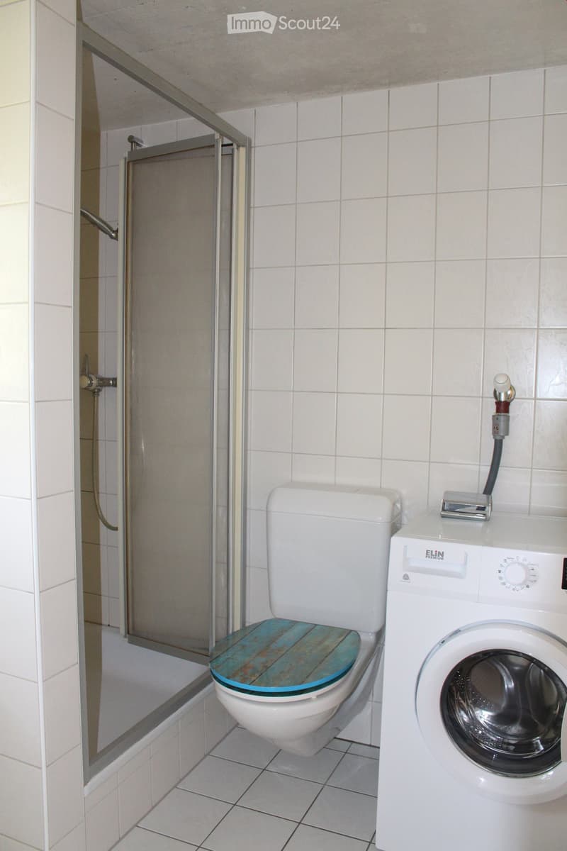 Bathroom with a toilet, washing machine, and a shower area with a glass door.