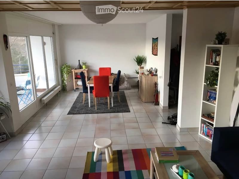 Bright, open living and dining area with tiled flooring, large windows, colorful rugs, and modern furniture including a dining table with chairs, a small shelf, and a bookshelf.