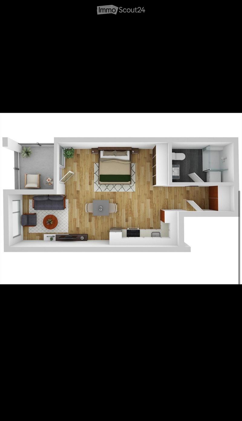 Layout of a modern studio apartment featuring a living area, bedroom, kitchen, and bathroom. Includes a sofa, coffee table, dining area, bed, and kitchen counter.