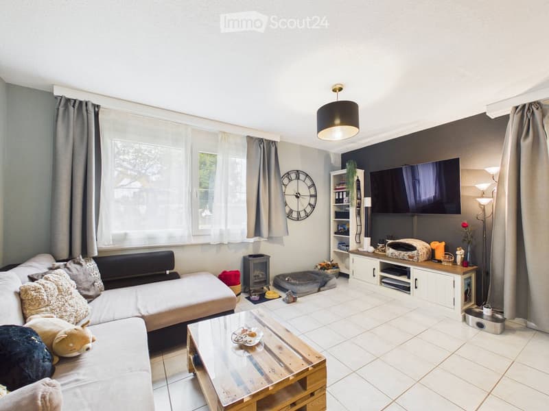 Modern living room with a sectional sofa, coffee table, TV, bookshelf, fireplace, and pet bed.