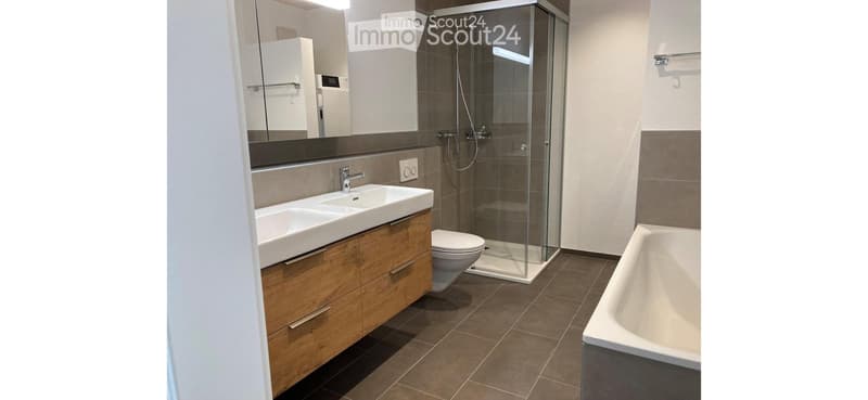 Modern bathroom with a double sink, wooden cabinet, bathtub, toilet, and glass-enclosed shower. Features include a large mirror and tiled walls and floor.