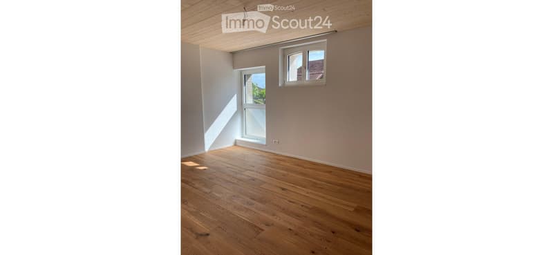 Empty room with wooden flooring, white walls, and two windows allowing natural light.