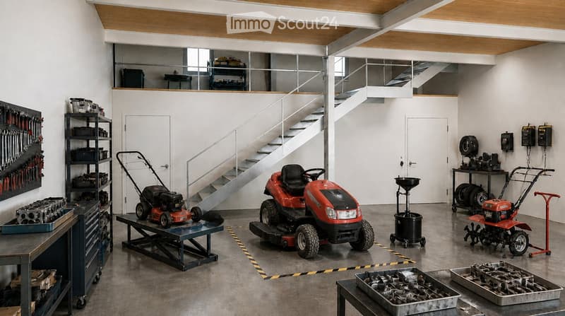 A spacious, well-lit garage with a polished concrete floor, white walls, and a wooden ceiling. It features a workbench with a red lawn mower, shelves filled with tools, and various gardening equipment neatly arranged.