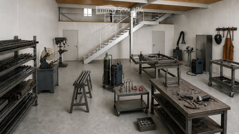 Industrial-style workshop with metal workbenches, tools, shelves, and a staircase leading to an upper level.