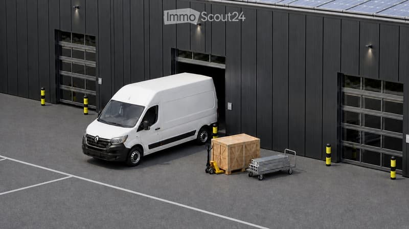 Modern industrial-style building with large garage doors, a white van parked in front, and a forklift with wooden crates nearby.