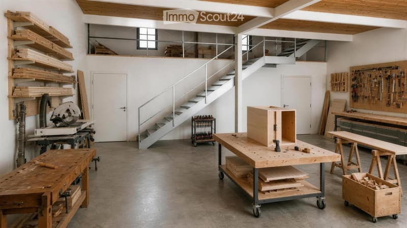 A spacious workshop with wooden workbenches, a saw, shelves filled with wooden planks, and various tools neatly arranged on the walls.
