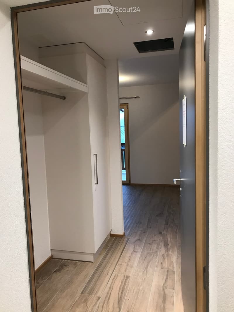 A modern hallway with light wooden flooring, white walls, and built-in shelving on one side. The hallway features recessed lighting and leads to another room with a visible wooden door.