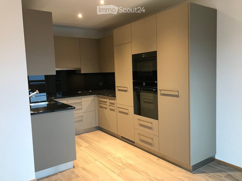 Modern kitchen with light-colored cabinets, black countertops, and a built-in oven. Wooden flooring and recessed lighting.