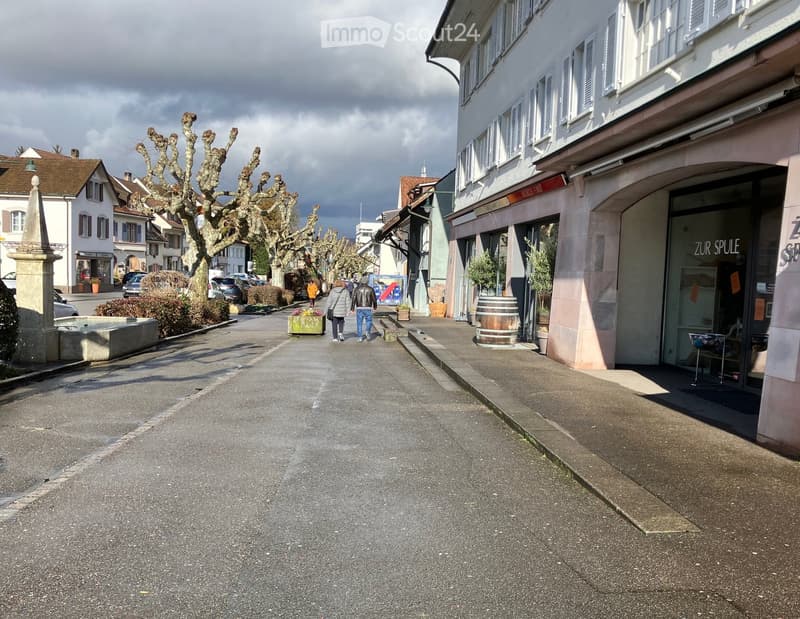 empty street with sidewalk, parked cars on left, trees, shops on right
