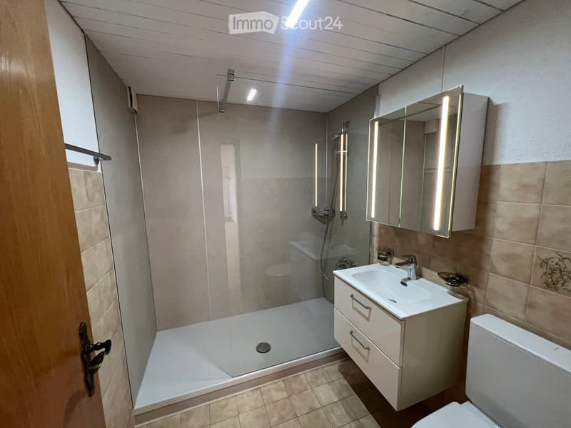 Modern bathroom with a glass-enclosed shower, a white sink with a modern faucet, a mirrored cabinet, and a toilet. The walls are tiled in beige, and the floor is tiled in a light brown color.