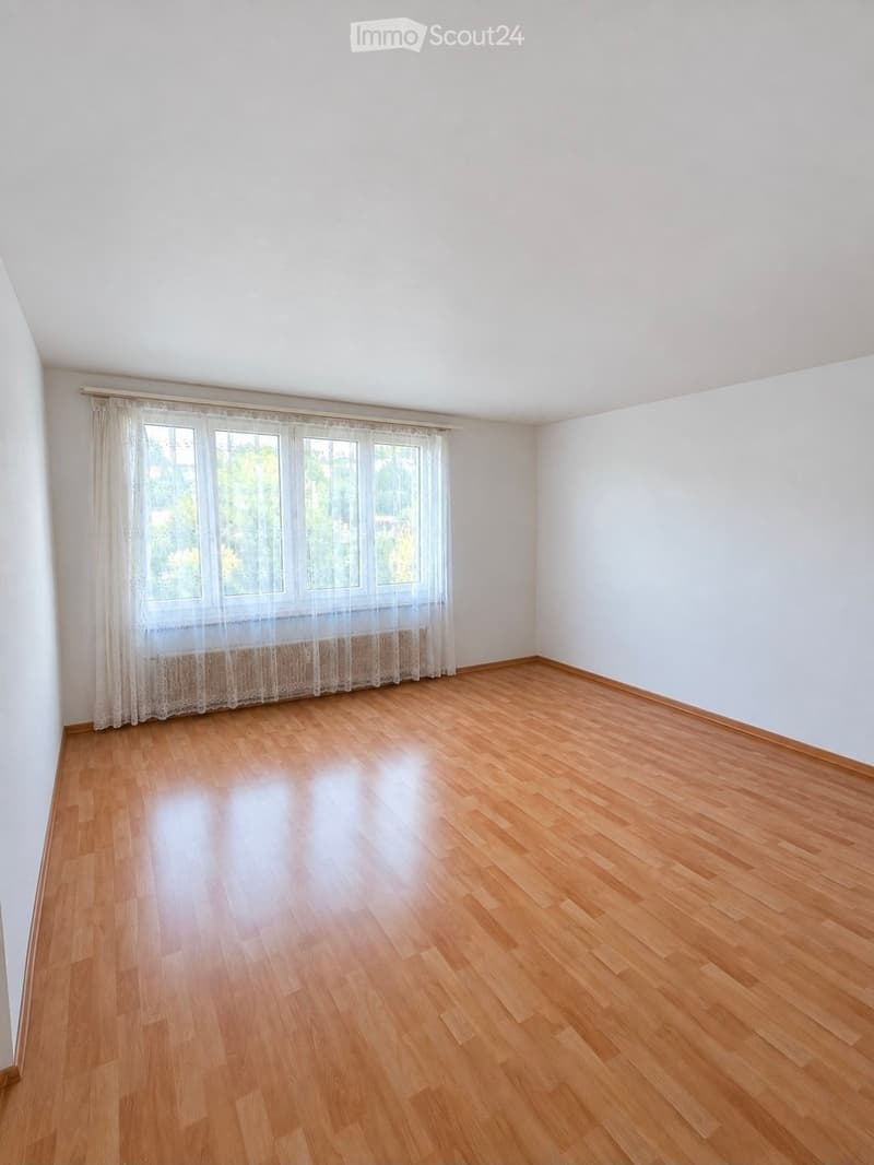 Empty room with wooden flooring, white walls, large windows with sheer curtains, and a radiator below the windows.
