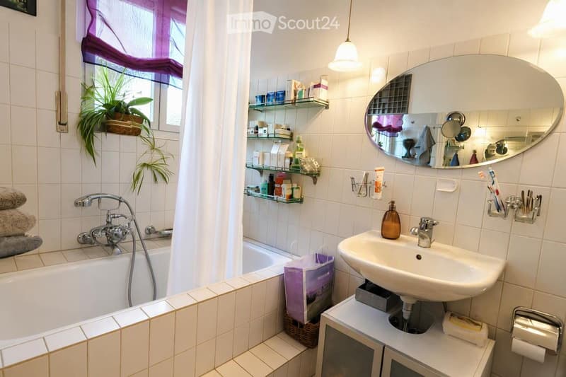 A well-lit bathroom with a bathtub, sink, and mirror. Glass shelves hold toiletries, and a potted plant sits on the windowsill. A towel rack and toothbrush holder are visible, along with a soap dispenser and a small cabinet under the sink.