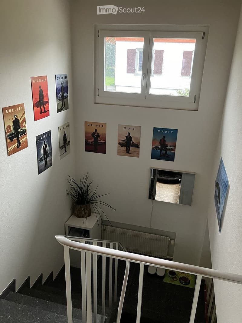 Staircase with white railing, posters on walls, small plant on shelf, radiator, and a mirror on the wall.