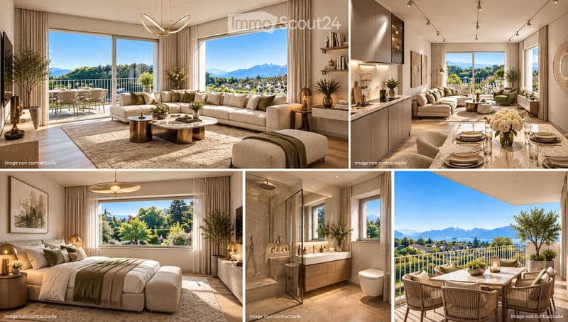 A collage of modern, well-furnished rooms including a living room, kitchen, bedroom, bathroom, and balcony area, all featuring large windows with scenic mountain views.