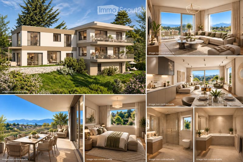 Modern two-story house with large windows, balconies, and scenic mountain views. Interiors include living room, dining area, kitchen, bedroom, and bathroom with modern fixtures.