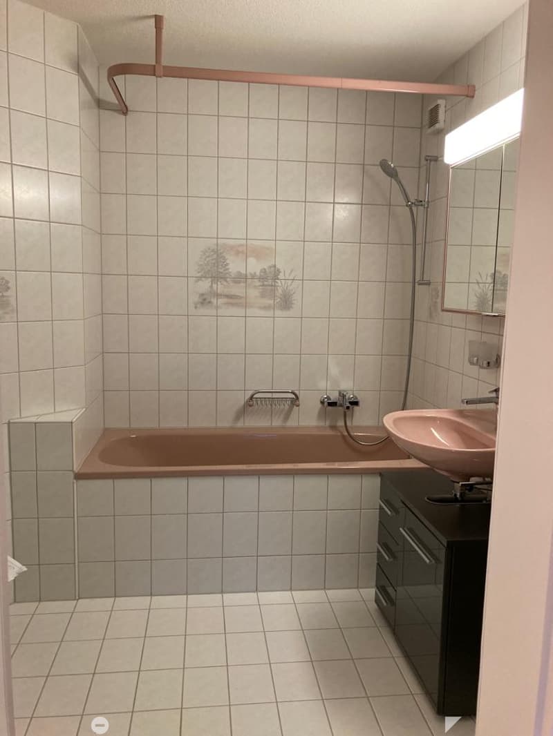 Bathroom with a bathtub, sink, mirror, and showerhead. The walls and floor are tiled with a scenic mural on one wall.