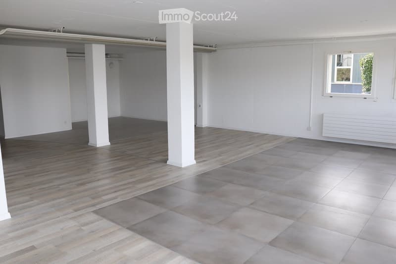 an empty room with tiled flooring, wooden flooring, columns, radiator, windows