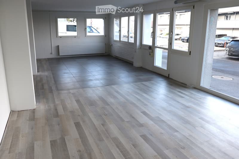 white walls, gray wood floor, large windows, heating radiators