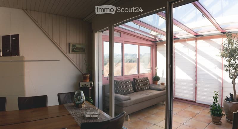 Bright living room with a sofa, coffee table, dining table, chairs, and potted plants, connected to a sunlit balcony or terrace with blinds.